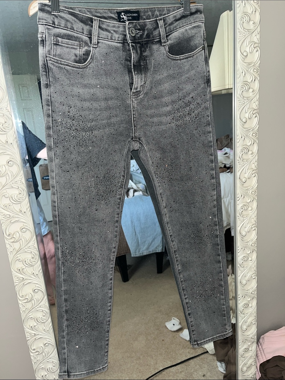 Alison Sheri Women's Gray Stretch Jeans with Subtle Rhinestone Accents